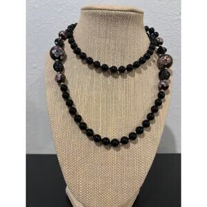 Vintage Black Stone Beads & Cloisonne Necklace
